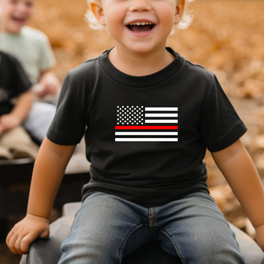 Thin Red Line Toddler Tee Kid's Tee T-Shirt - Firefighters - Military - American Flag - Red Line Flag - First Responders