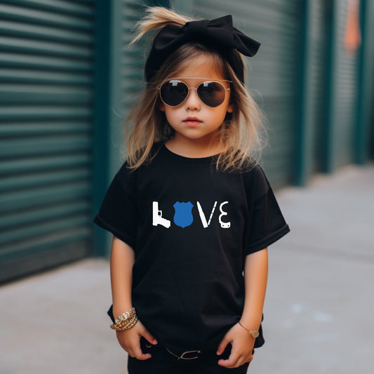 LOVE Police Toddler Tee Kid's Tee T-Shirt - Thin Blue Line - Law Enforcement - Police Flag - American Flag - Blue Line Flag - Police