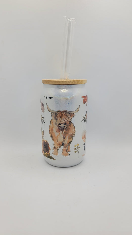 Highland Cow Cup Iced Coffee Cup Glass, Beer Can Glass, Highland Cow Coffee Cup, Glass Cup Coffee Can Beer, Cow Soda Can Glass