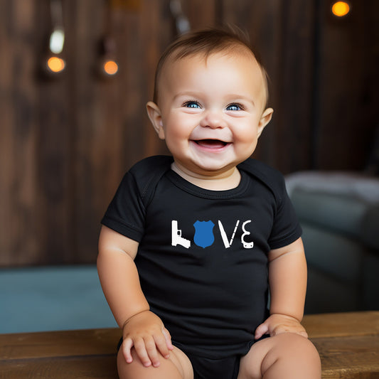 LOVE Police Baby Creeper - Law Enforcement - Thin Blue Line- Police Flag - American Flag - Blue Line Flag - Creeper Bodysuit Romper
