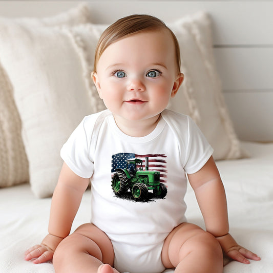 American Flag Tractor Bodysuit, Tractor Baby Creeper, Country Baby, Farming Baby - DIFFERENT COLORS
