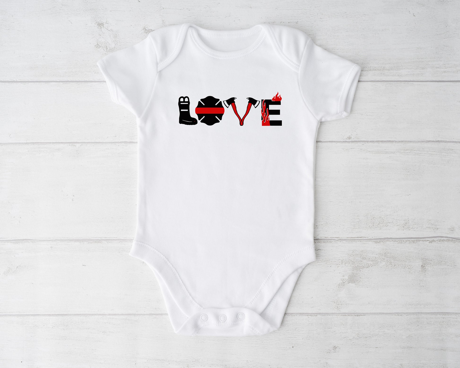 LOVE Firefighters Baby Creeper - Fireman - Thin Red Line Flag - First Responder - Firefighter - Red Lives Matter - Creeper Bodysuit