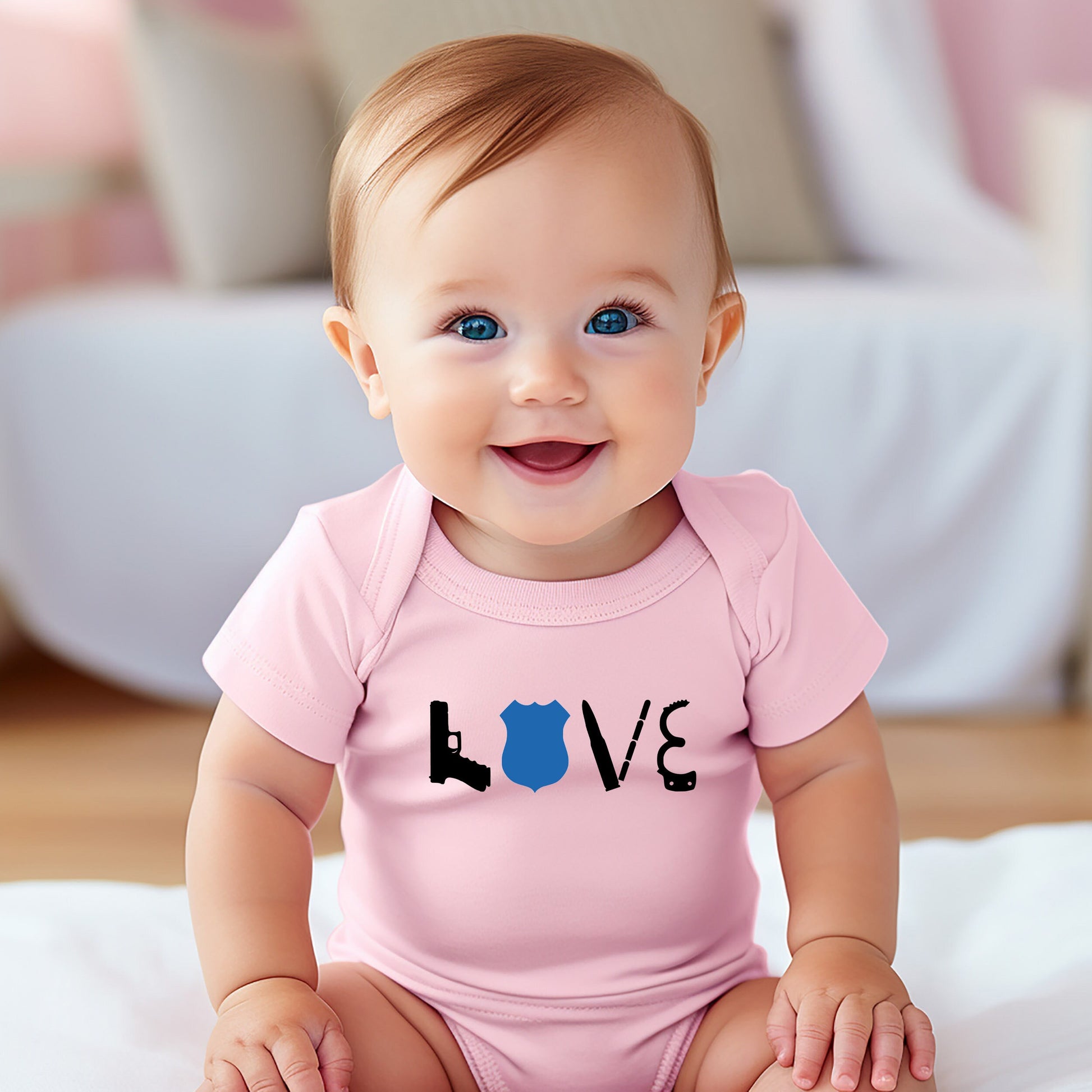 LOVE Police Baby Creeper - Law Enforcement - Thin Blue Line- Police Flag - American Flag - Blue Line Flag - Creeper Bodysuit Romper