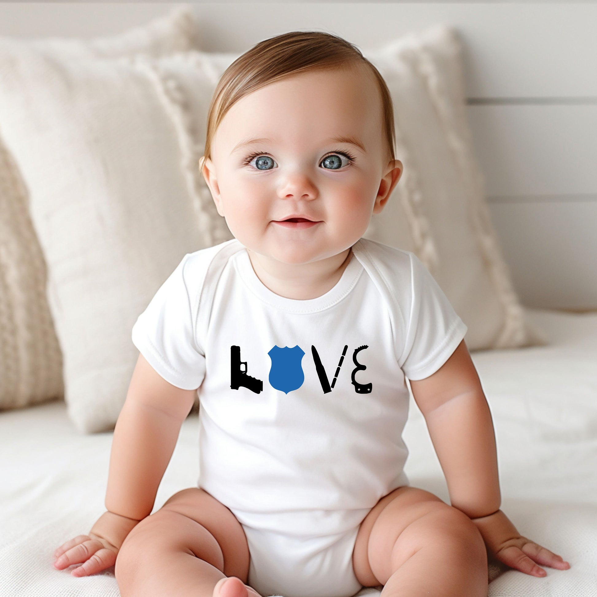 LOVE Police Baby Creeper - Law Enforcement - Thin Blue Line- Police Flag - American Flag - Blue Line Flag - Creeper Bodysuit Romper