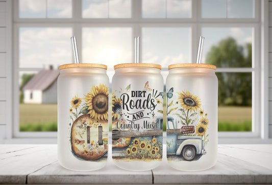 Dirt Roads and Country Music Cup Iced Coffee Cup Glass, Beer Can Glass Country Glass Cup Coffee Can Beer, Country Soda Can Glass