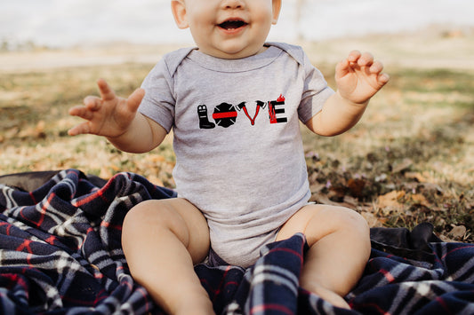 LOVE Firefighters Baby Creeper - Fireman - Thin Red Line Flag - First Responder - Firefighter - Red Lives Matter - Creeper Bodysuit