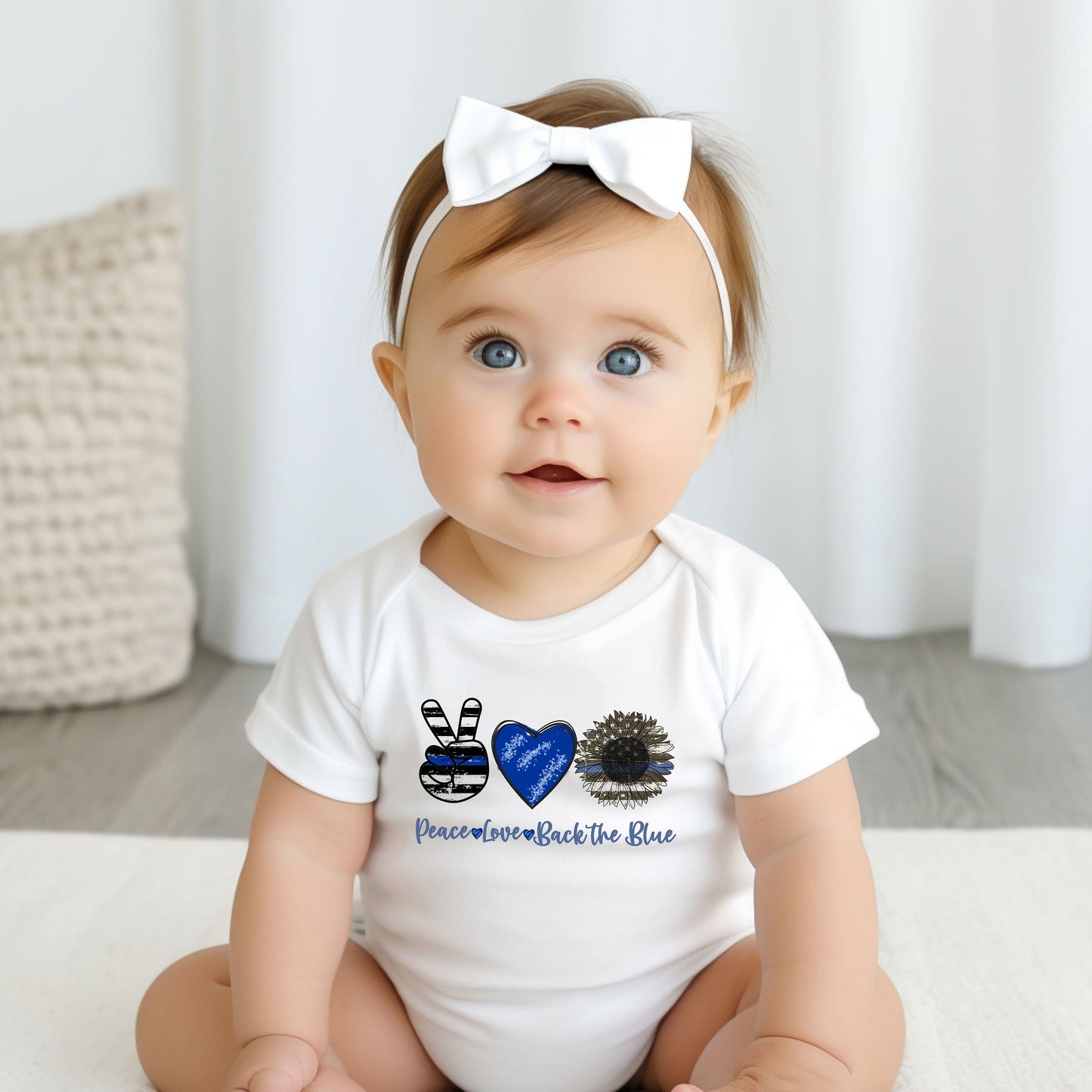 Peace Love Blue Sunflower Baby Bodysuit, Thin Blue Line Flag Baby Creeper, Thin Blue Line Baby, Peace Love Blue Baby