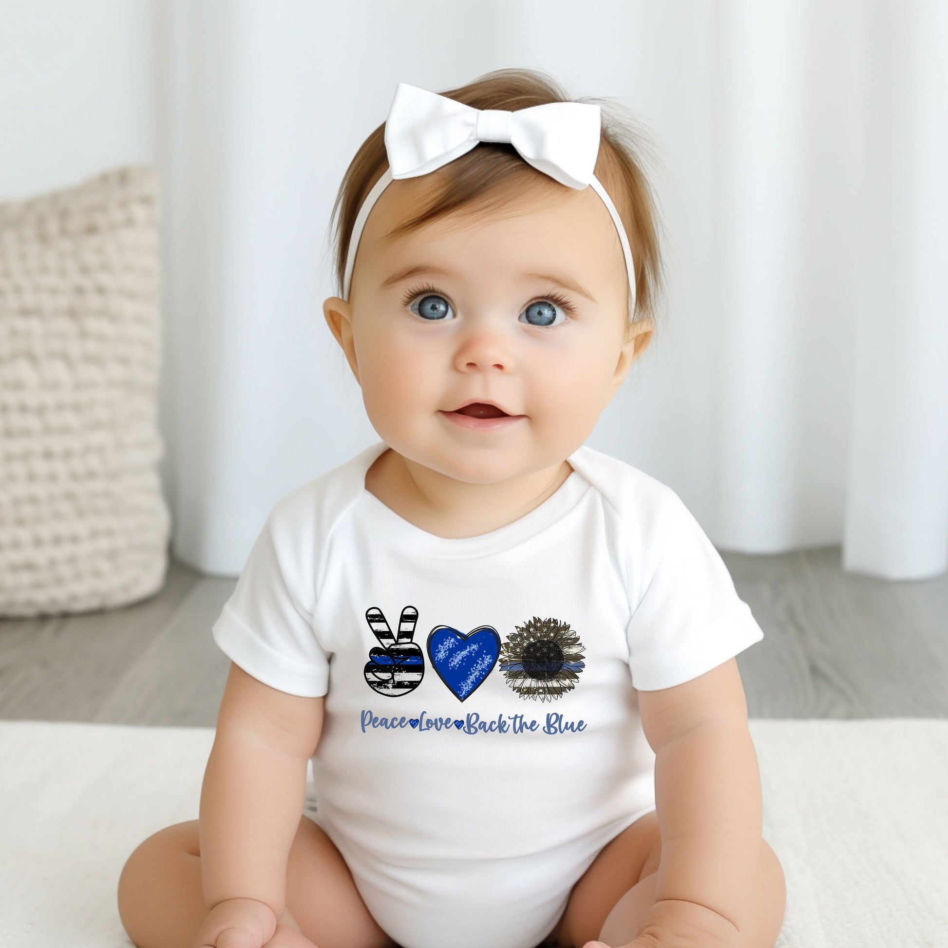 Peace Love Blue Sunflower Baby Bodysuit, Thin Blue Line Flag Baby Creeper, Thin Blue Line Baby, Peace Love Blue Baby