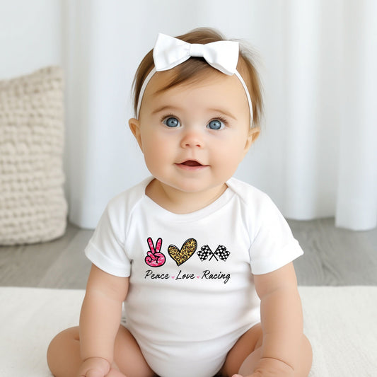Peace Love Racing Baby Bodysuit, Racing Baby Creeper, Racing Baby
