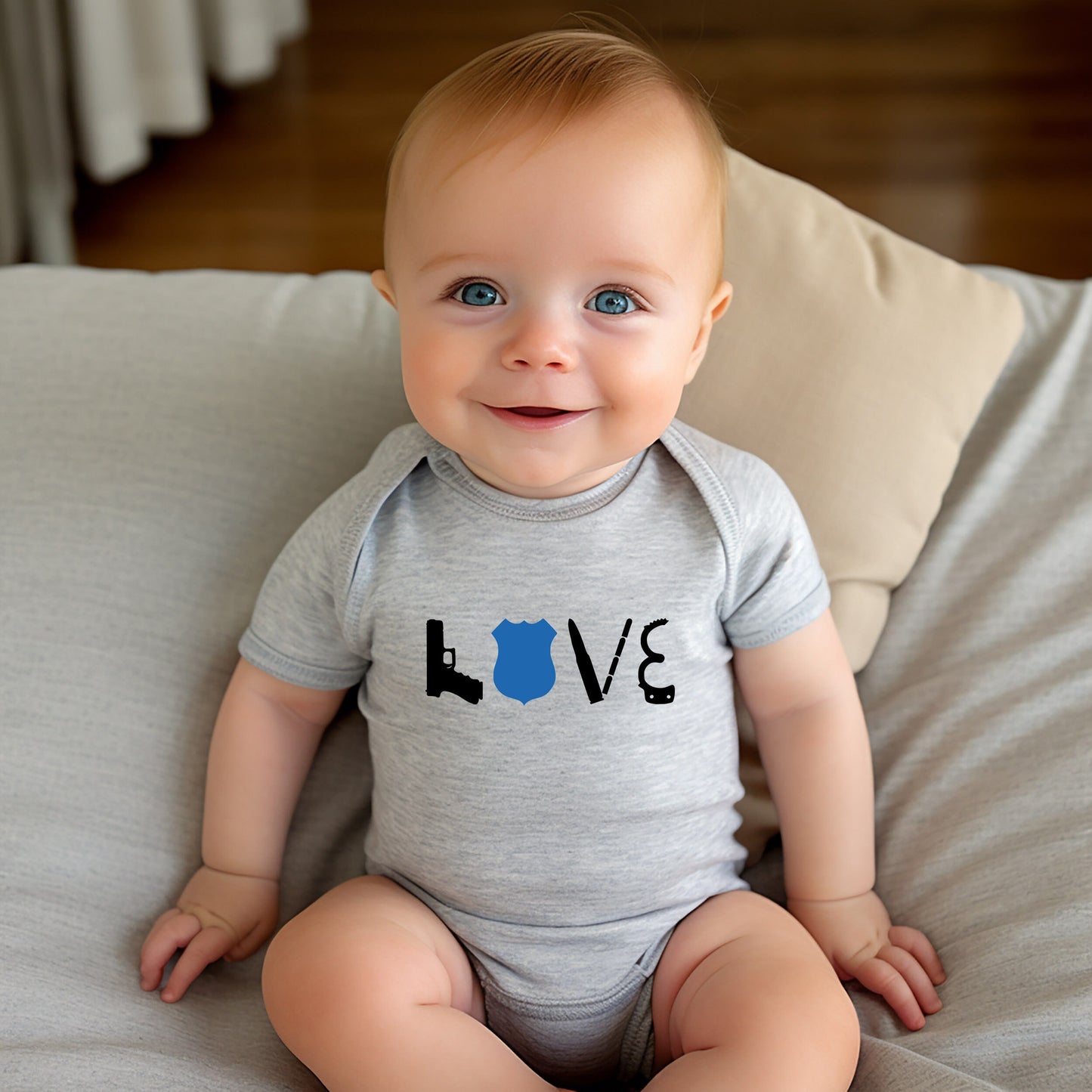 LOVE Police Baby Creeper - Law Enforcement - Thin Blue Line- Police Flag - American Flag - Blue Line Flag - Creeper Bodysuit Romper