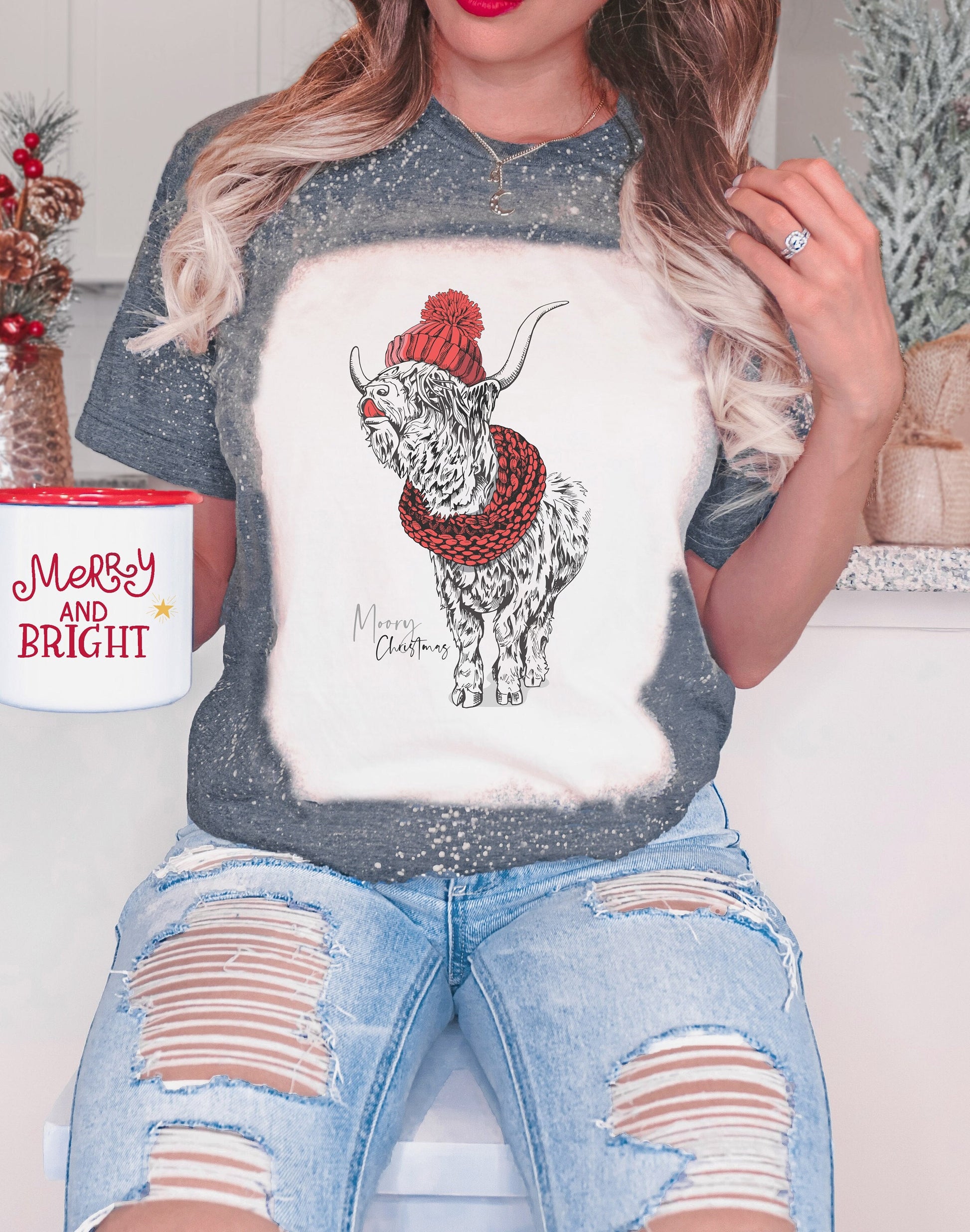 Moory Christmas Highland Cow Shirt Tee, Cow Bleached Tee, Christmas Cow Bleached Shirt, Cow Shirt Tee