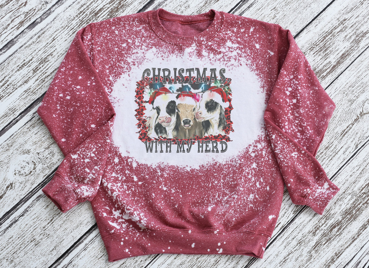 Christmas With My Herd Cow Sweatshirt, Christmas Cow Bleached Sweatshirt, Christmas Cow Crewneck