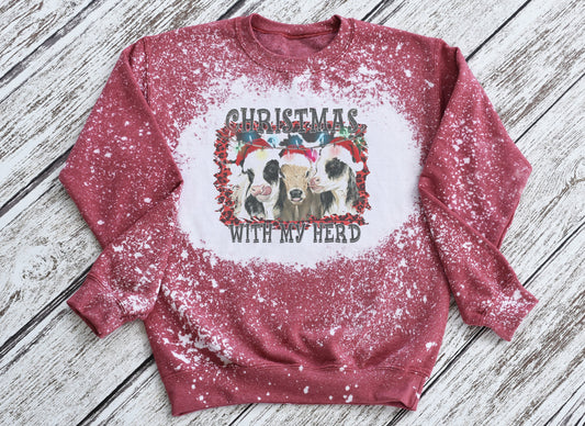 Christmas With My Herd Cow Sweatshirt, Christmas Cow Bleached Sweatshirt, Christmas Cow Crewneck