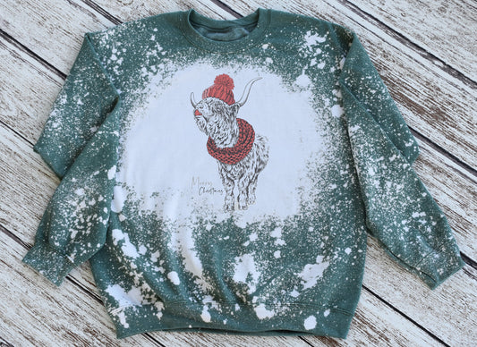 Moory Christmas Highland Cow Sweatshirt, Christmas Cow Bleached Sweatshirt, Christmas Cow Crewneck