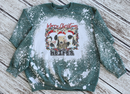 Merry Christmas Heifer Cow Sweatshirt, Christmas Cow Bleached Sweatshirt, Christmas Cow Crewneck
