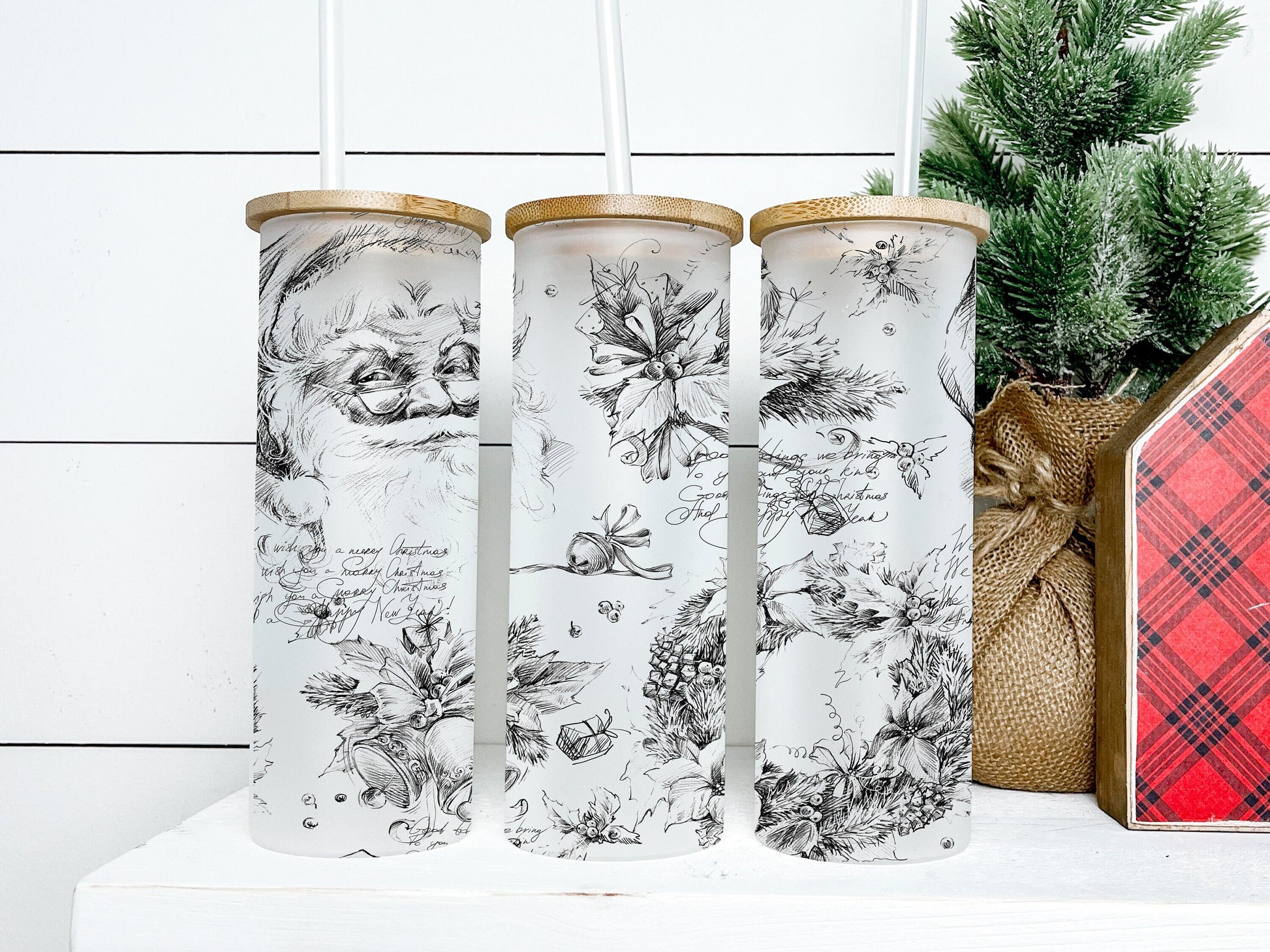 Vintage Santa Christmas 25oz Frosted Glass Tumbler, Vintage Santa Christmas Tumbler Vintage Santa Christmas Tumbler