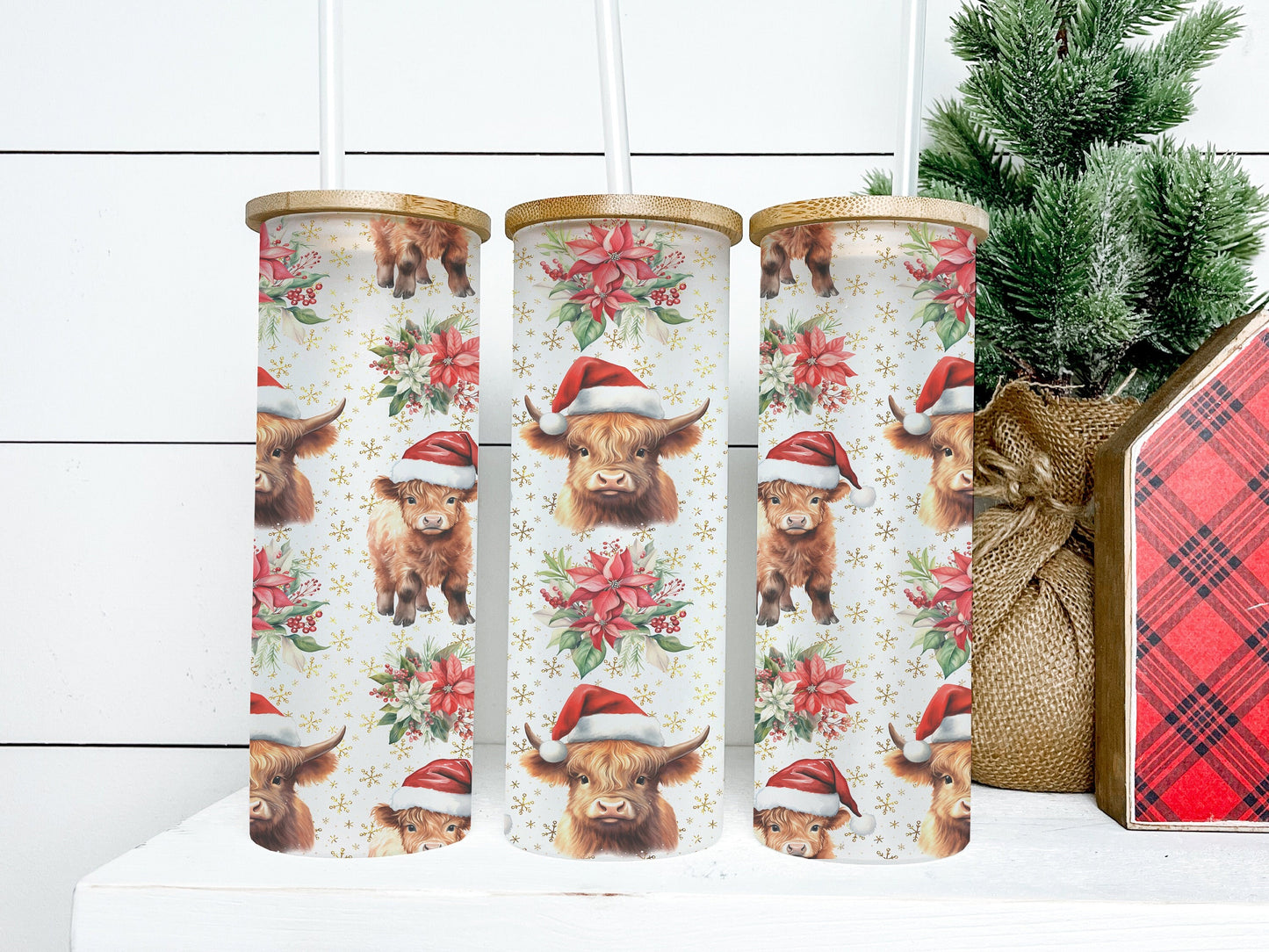 Christmas Highland Cow Tumbler 25oz Frosted Glass Tumbler, Christmas Highland Cow Tumbler, Christmas Cow Tumbler