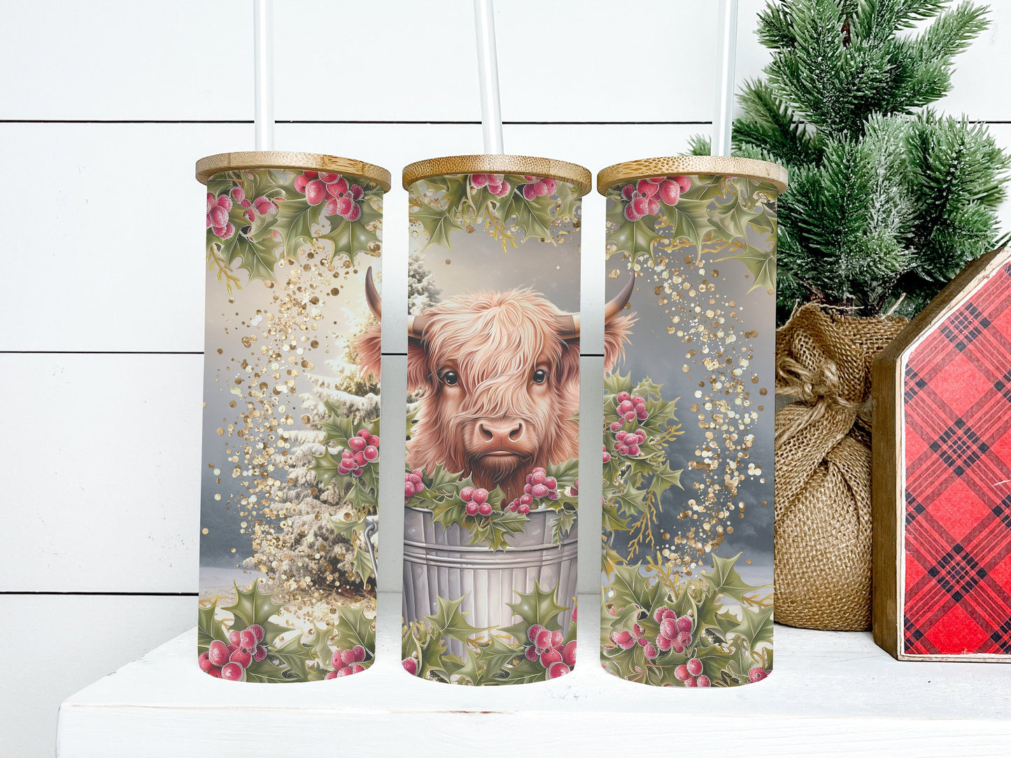 Christmas Highland Cow Tumbler 25oz Frosted Glass Tumbler, Christmas Highland Cow Tumbler, Christmas Cow Tumbler