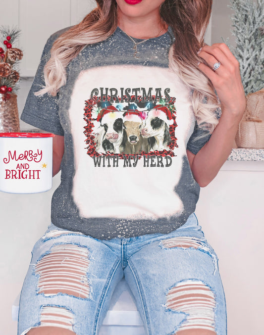 Christmas with My Herd Cow Shirt Tee, Cow Bleached Tee, Christmas Cow Bleached Shirt, Cow Shirt Tee