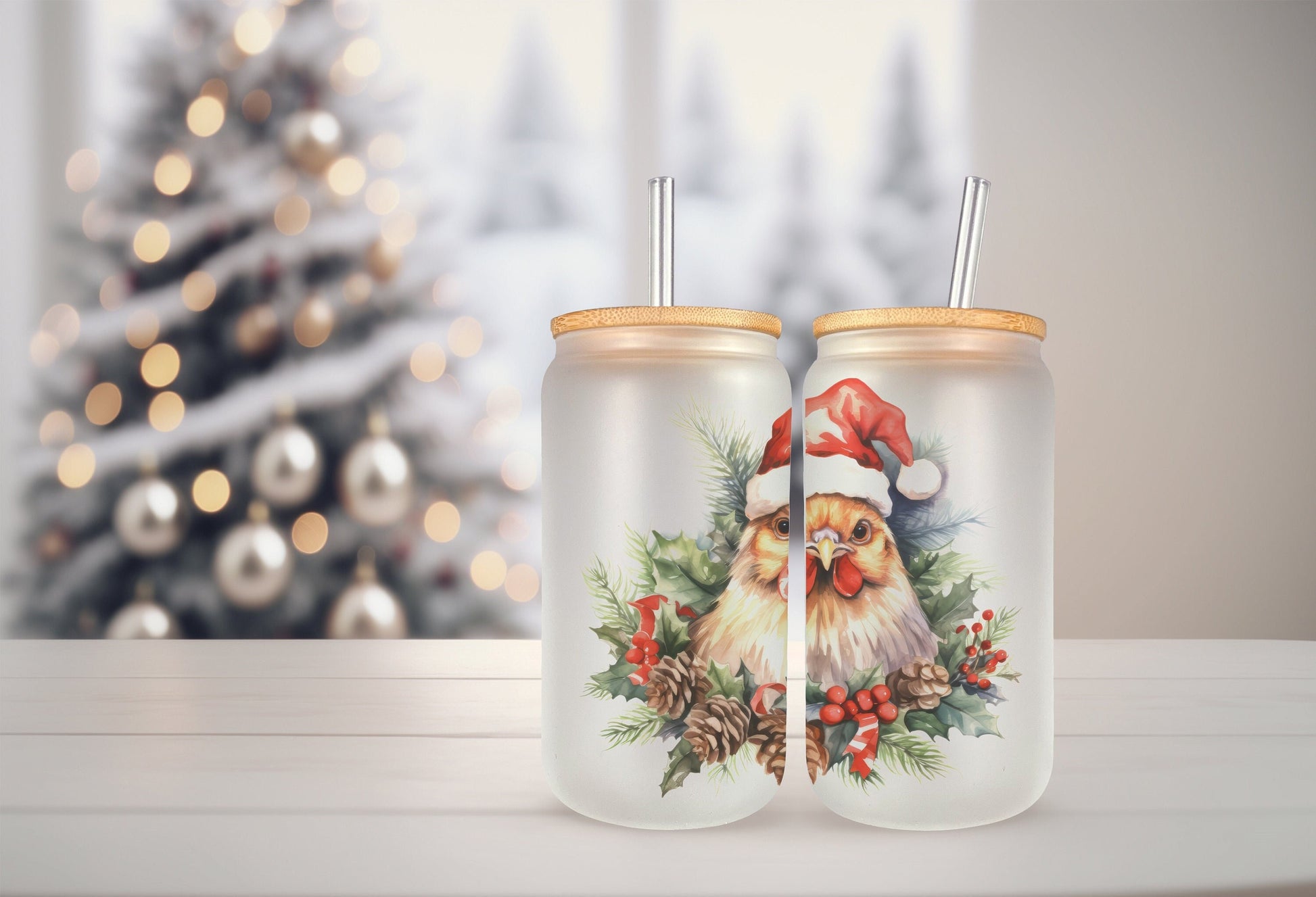 Christmas Chicken Cup Iced Coffee Cup Glass, Beer Can Glass, Christmas Chicken Glass Cup Can Beer, Christmas Chicken Soda Can Glass