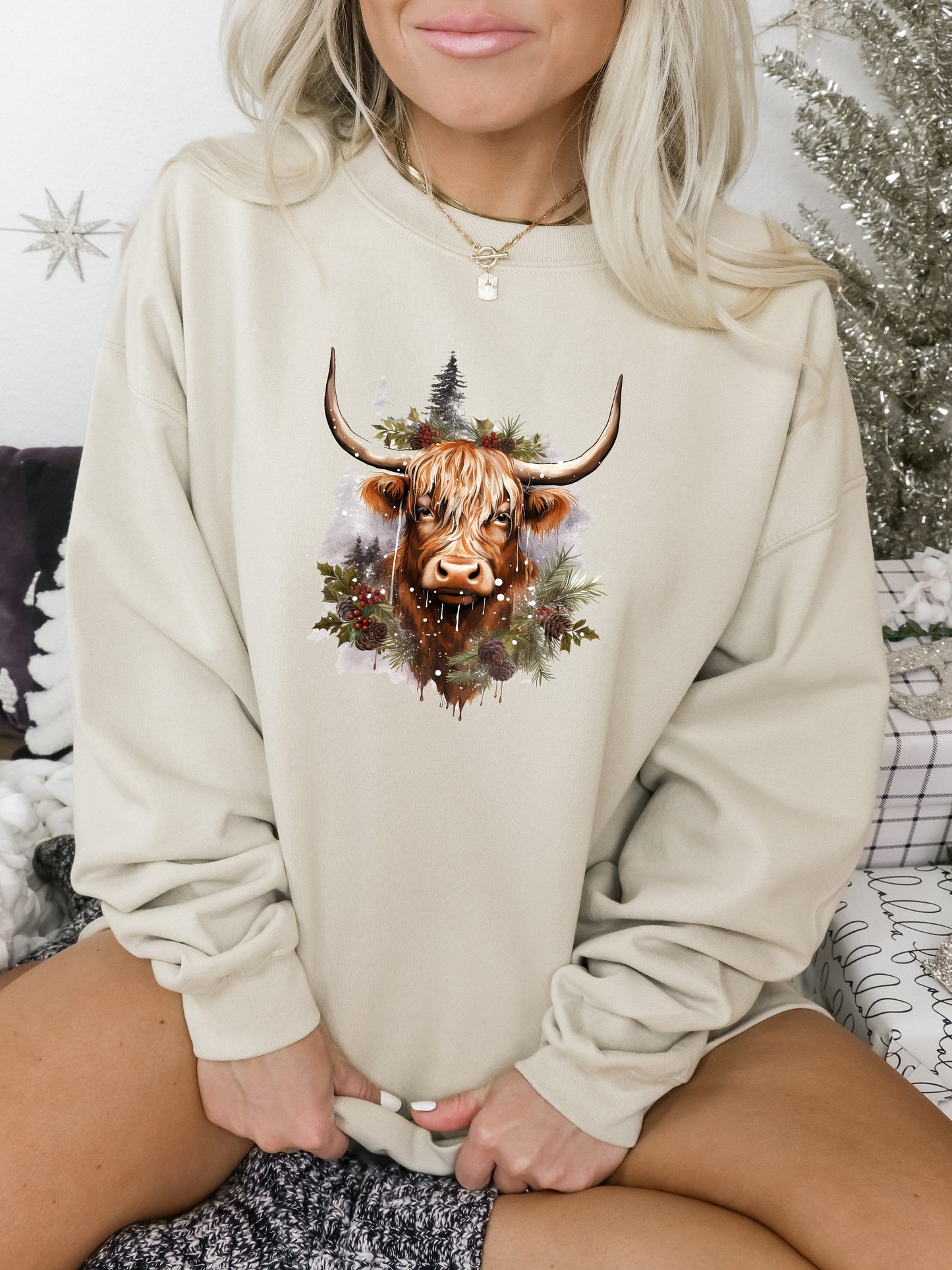 Christmas Highland Cow Sweatshirt, Christmas Highland Cow Crewneck Sweatshirt