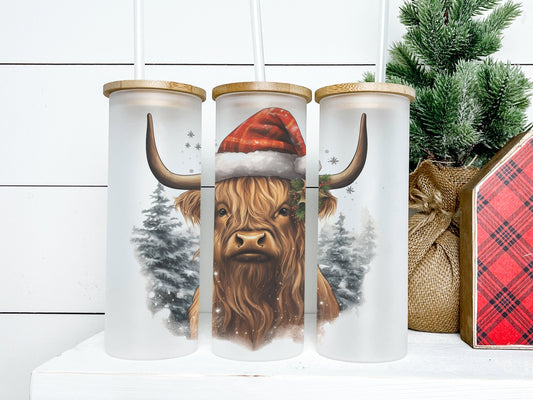 Christmas Highland Cow Tumbler 25oz Frosted Glass Tumbler, Christmas Highland Cow Tumbler, Christmas Cow Tumbler