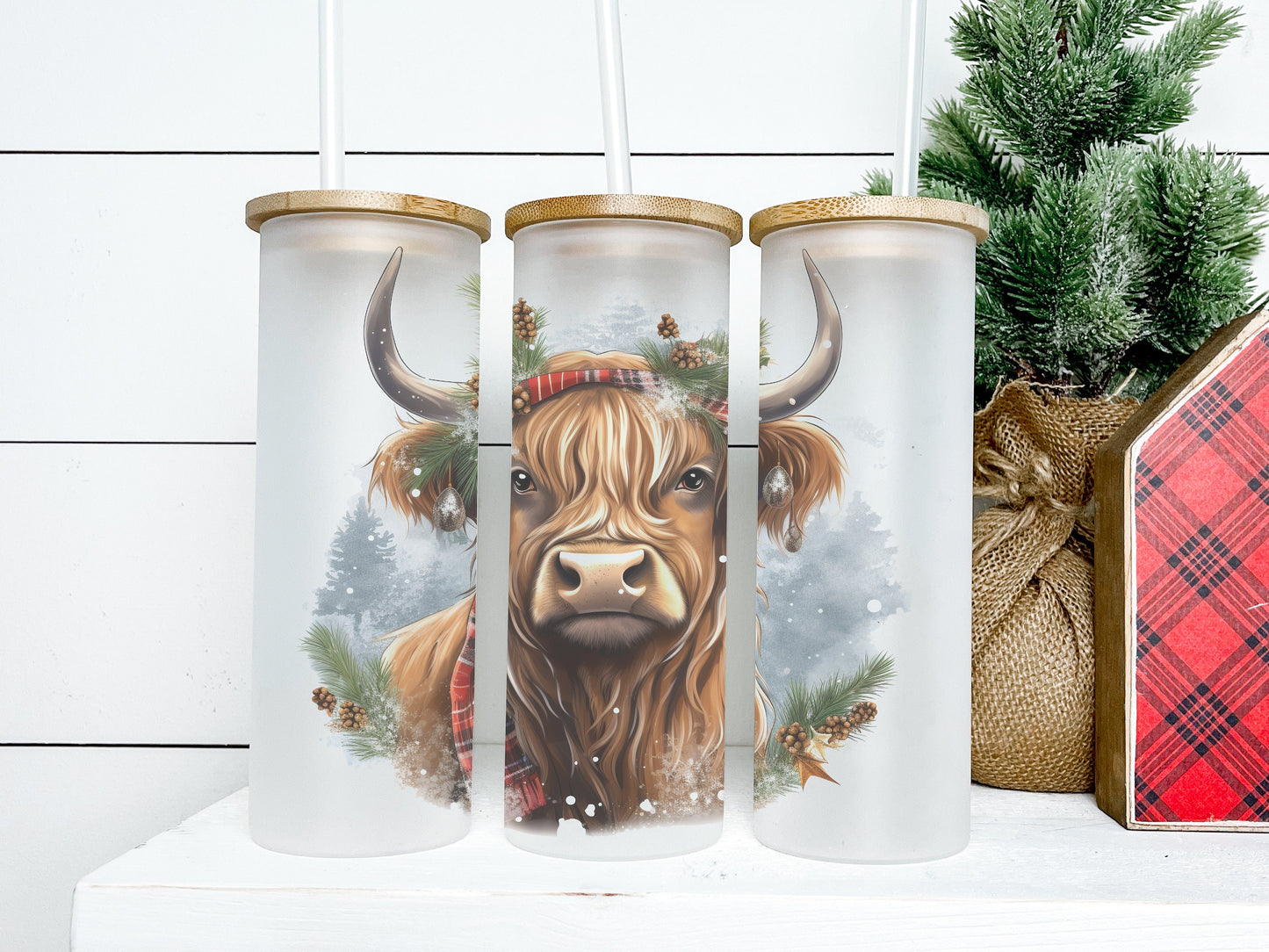 Christmas Highland Cow Tumbler 25oz Frosted Glass Tumbler, Christmas Highland Cow Tumbler, Christmas Cow Tumbler