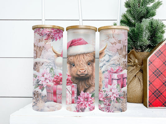 Christmas Highland Cow Tumbler 25oz Frosted Glass Tumbler, Christmas Highland Cow Tumbler, Christmas Cow Tumbler